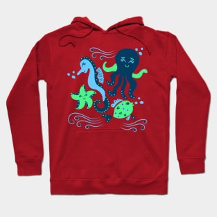 Aqua ocean animals - sea horse, star fish, octopus, fish Hoodie